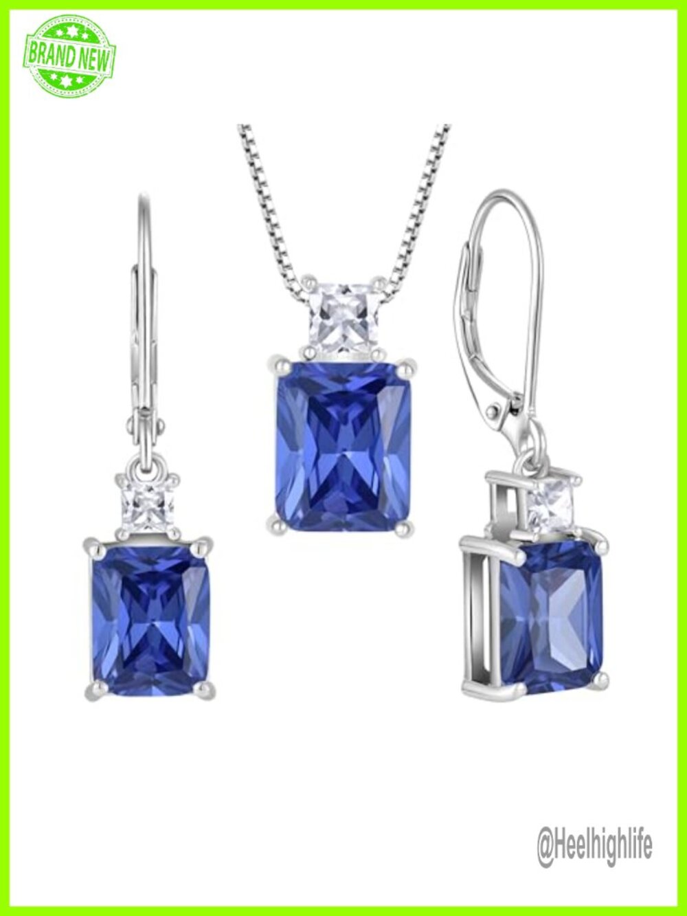Sterling Silver Emerald Cut Created Tanzanite Necklace Earrings Set